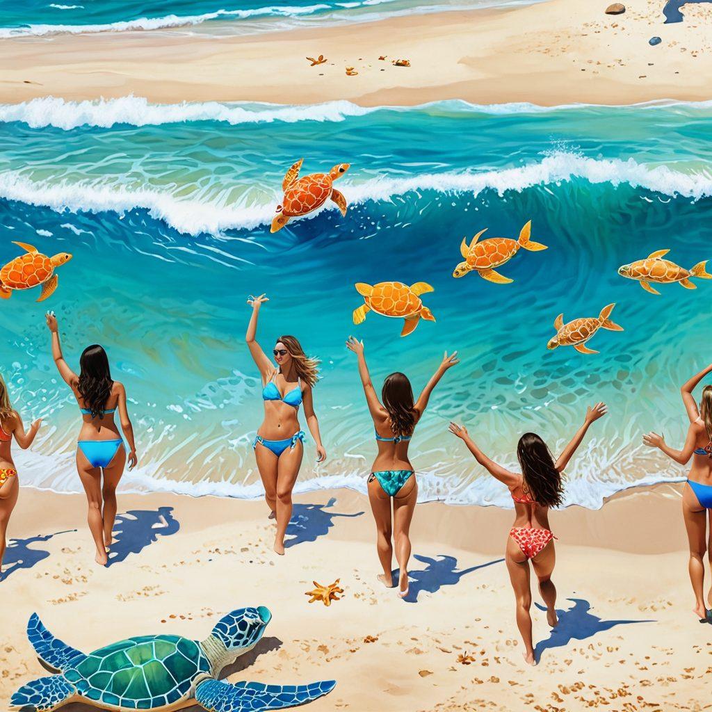 A vibrant beach scene showcasing a diverse group of colorful bikinis, each inspired by endangered marine species such as sea turtles, dolphins, and coral reefs. The bikinis flutter in a light ocean breeze against a backdrop of crystal blue waves and sunlit sand. A subtle message of conservation is woven into the scene with sea creatures playfully swimming nearby. The atmosphere is uplifting and filled with energy, encouraging awareness and appreciation for marine life. super-realistic. vibrant colors. sunny beach setting.